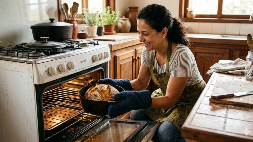 A mulher fez o curso de paes sem gluten preparou a masso e agora esta tirando o pao do forno
