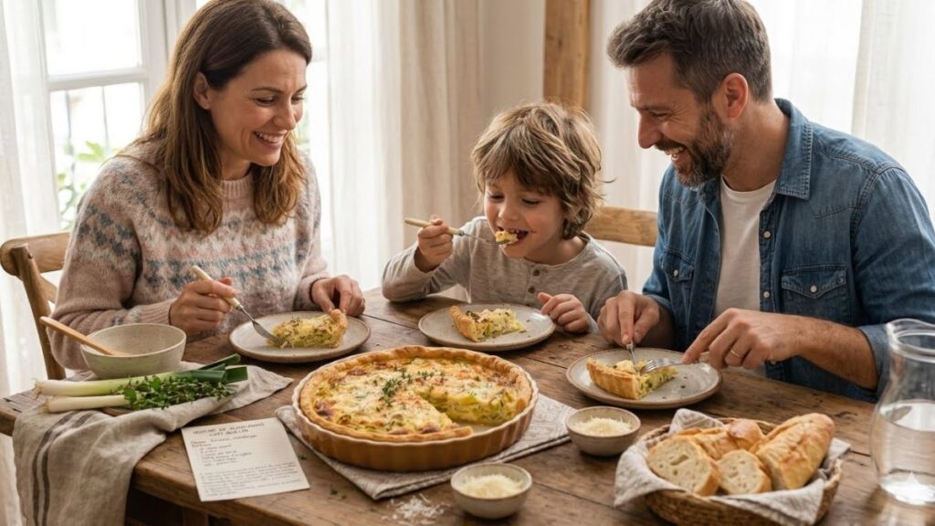 Receita de Quiche de Alho-Poró com Queijo, 2026 4 Familia comendo um quiche de alho poro crocante