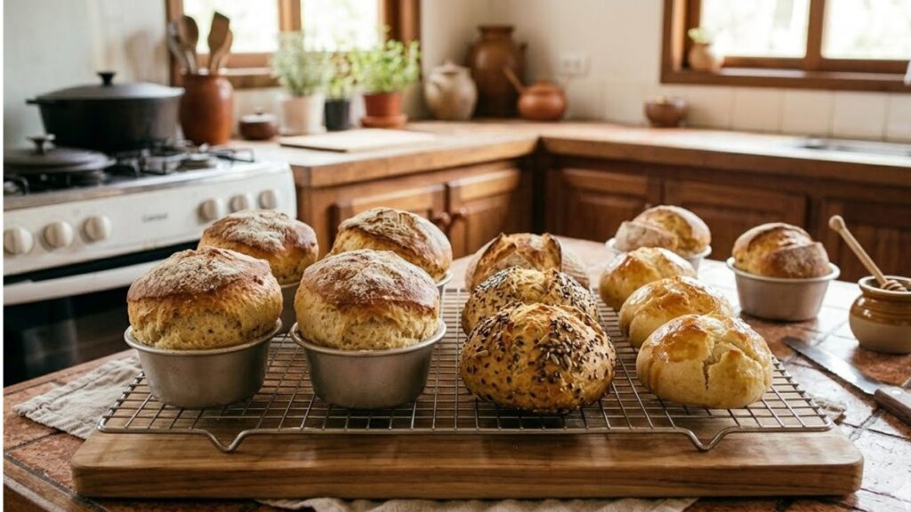 Fornada de paes sem gluten caseiros e fofinhos recem saidos do forno sobre uma grade de resfriamento