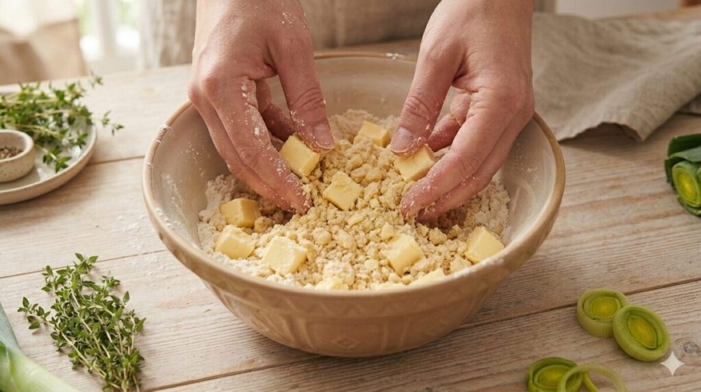 Receita de Quiche de Alho-Poró com Queijo, 2026 2 Maos misturando manteiga e farinha com as pontas dos dedos criando textura de farofa