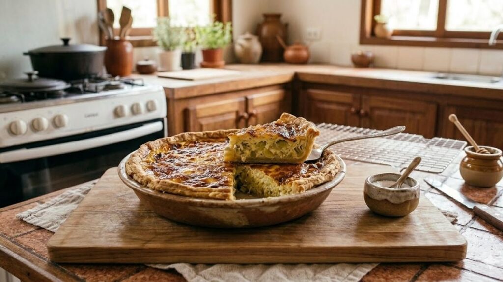 Receita de Quiche de Alho-Poró com Queijo, 2026 3 Quiche de alho poro com queijo dourada e fatiada sobre mesa de madeira 1