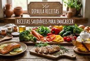 Receitas saudáveis para emagrecer, apresentada em uma mesa de cozinha rústica com ingredientes naturais. A imagem exibe uma variedade de vegetais frescos como brócolis, cenouras e pimentões, ao lado de proteínas magras como filé de salmão e peito de frango grelhado. À direita, há um bule de vidro com chá para emagrecer, gengibre e canela. No topo, letreiros de madeira destacam o logotipo do blog e o texto informativo em letras brancas.