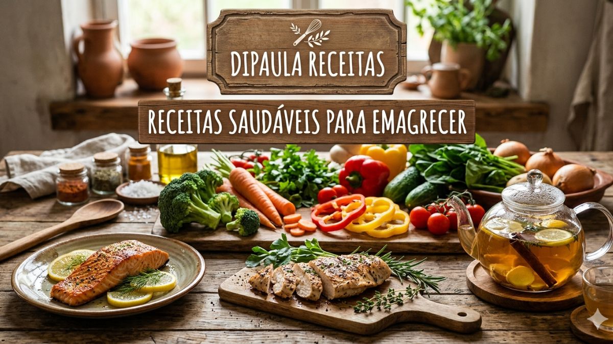 Receitas saudáveis para emagrecer, apresentada em uma mesa de cozinha rústica com ingredientes naturais. A imagem exibe uma variedade de vegetais frescos como brócolis, cenouras e pimentões, ao lado de proteínas magras como filé de salmão e peito de frango grelhado. À direita, há um bule de vidro com chá para emagrecer, gengibre e canela. No topo, letreiros de madeira destacam o logotipo do blog e o texto informativo em letras brancas.