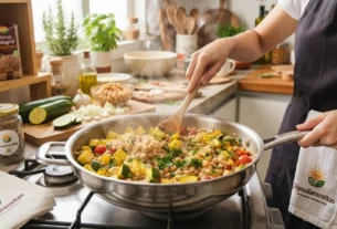 Preparando a receita de Arroz com grão de bico e abobrinha