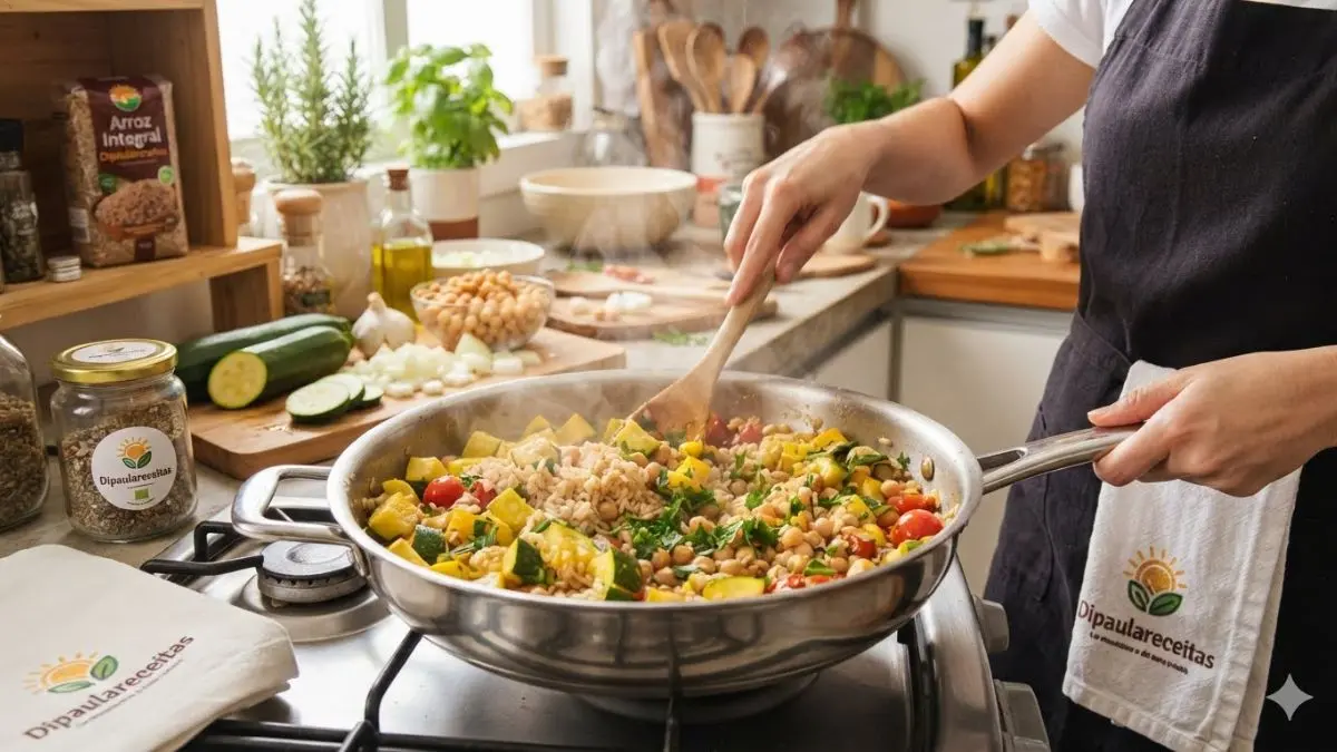 Preparando a receita de Arroz com grão de bico e abobrinha