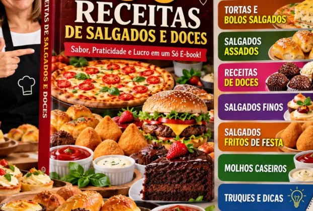 “E-book 650 Receitas de Salgados e Doces, como pizzas, hambúrgueres, tortas, salgados, doces e molhos caseiros.”