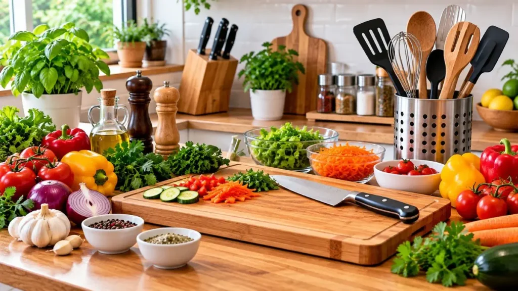 “Faca de chef, tábua de corte e utensílios básicos de uma cozinha funcional organizados na bancada.”