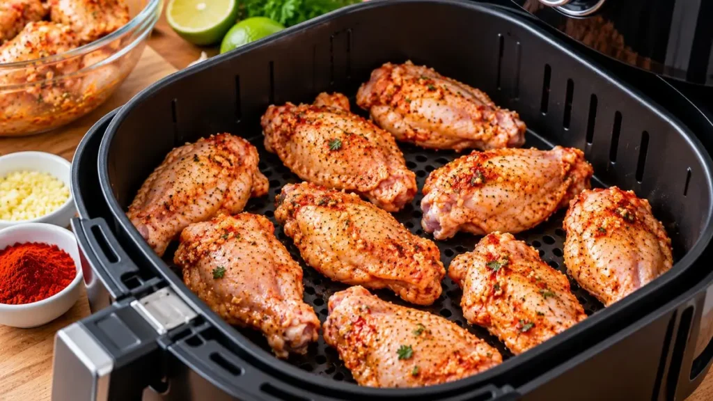 Tulipas de frango organizadas no cesto da airfryer antes de assar.