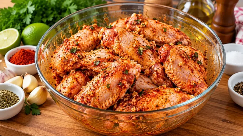 Tulipas de frango temperadas antes de ir para a airfryer.